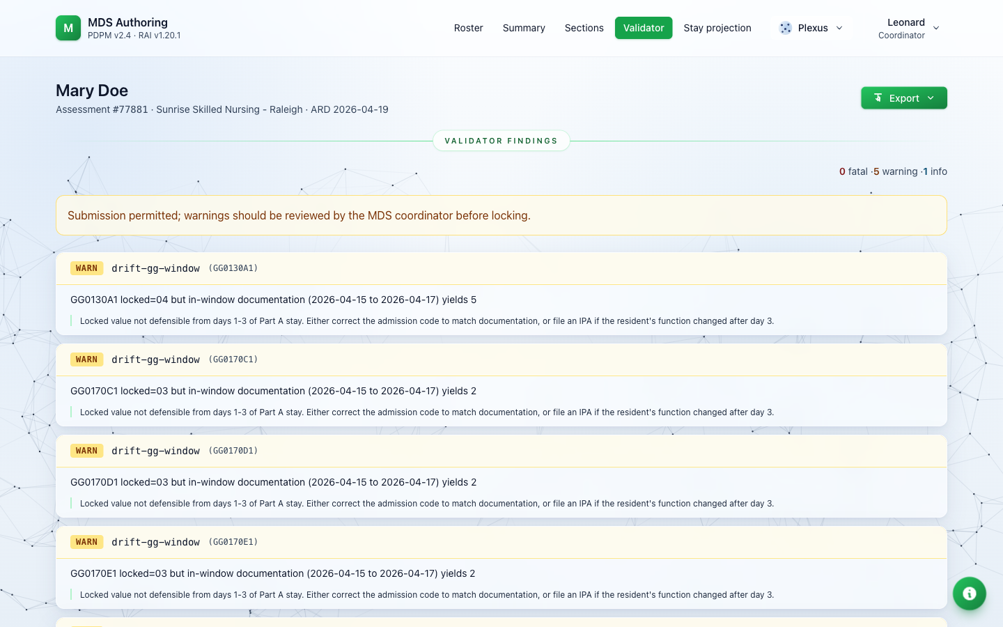 Validator findings with severity tiers and audit-window drift